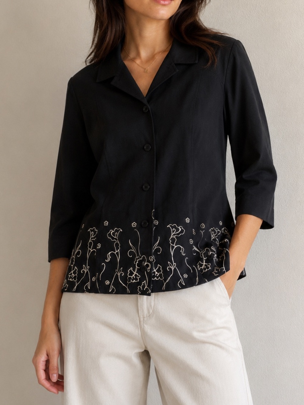 Black Blazer Jacket Floral 3/4 Sleeve Button Embroidered Lightweight Office